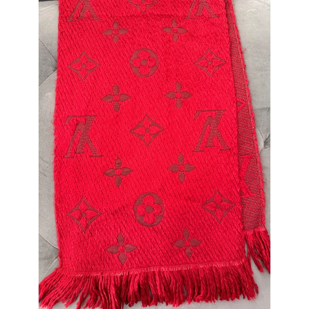 Flat $200 Sale Louis Vuitton Logomania Scarf Ruby Red‎ Wool Silk Monogram M72432